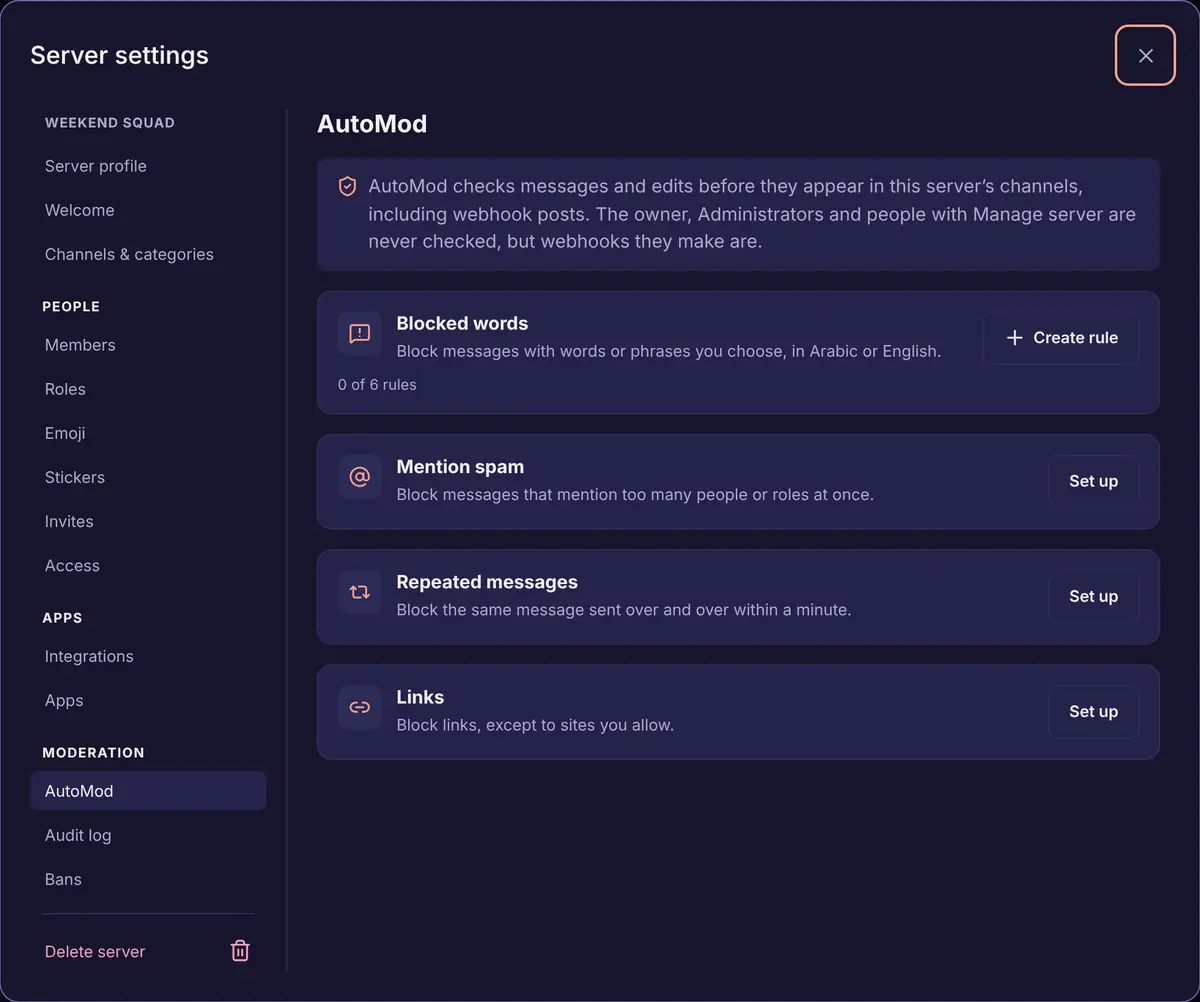 Server settings open on AutoMod, with rules for blocked words, mention spam, repeated messages and links.