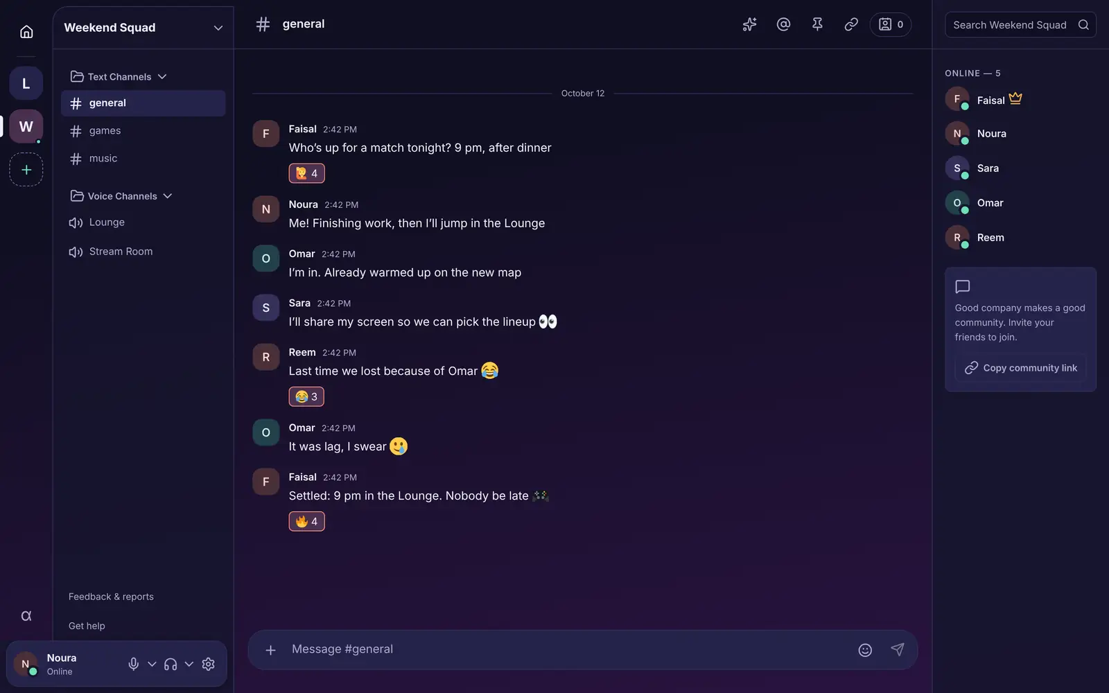 A Lamma server called Weekend Squad: friends planning a match tonight in the general channel, with emoji reactions, and five members online.